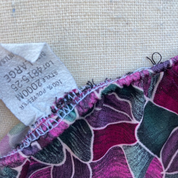 Vintage 70s-80s Purple Green Floral Flutter Sleeve Blouse Stained Glass L - Picture 4 of 7